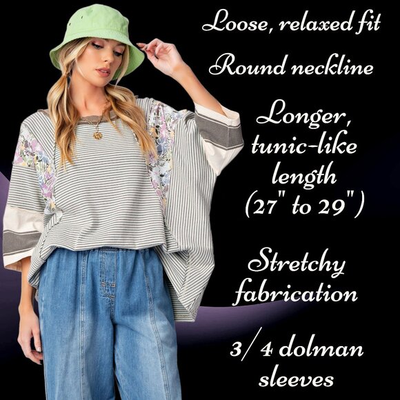 EASEL “Great Vibes” Mixed Print Relaxed & Stretchy Fit Top Defined Seams Details - Picture 5 of 16